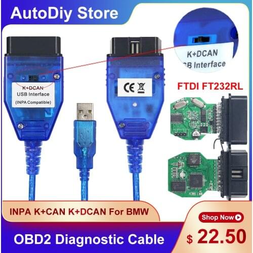 High Quality USB Interface INPA K+CAN K+DCAN OBDⅡ Diagnostic Cable Connector For BMW With FTDI FT232RL Chip With Switch Blue 20P