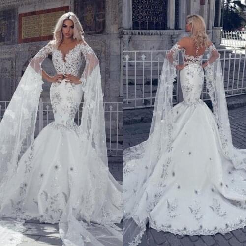 Gorgeous Beaded Mermaid Lace Wedding Dresses With Long Sleeves Sheer Jewel Neck Sequined Bridal Gowns Plus Size Appliqued