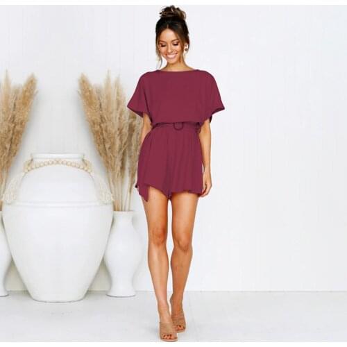 Wine Red Sexy Women Playsuit Short Jumpsuit O-Neck Short Sleeve Sashes Romper Female Casual Bandage Playsuit