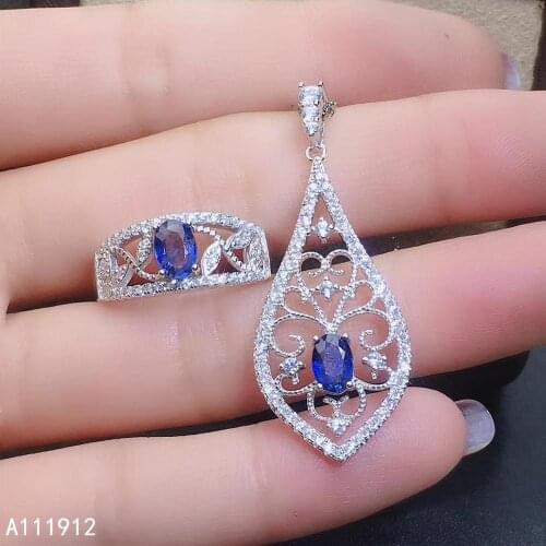 KJJEAXCMY fine jewelry natural sapphire 925 sterling silver women pendant necklace chain ring set support test fashion