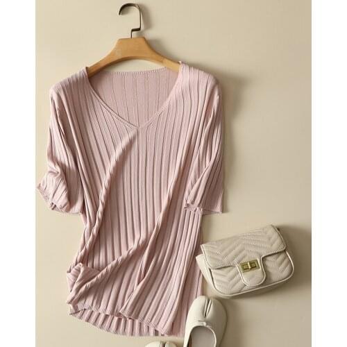 Solid Knitted Elastic Women T-Shirts Summer New 2021 V-Neck Short-Sleeved Elegant Office Lady Pulls Outwear Tops Tees