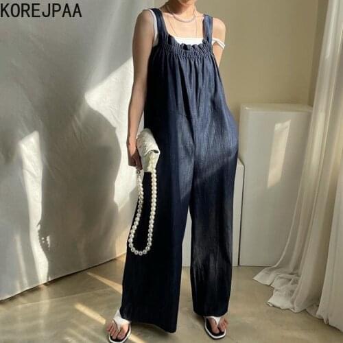 Korejpaa Women Jumpsuits 2021 Summer Korean Chic Ladies Personalized Versatile Wrinkled Back Wide-Legged Casual Sling Jumpsuit