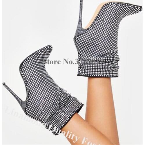 Linamong Bling Bling Rhinestone Pointed Toe Stiletto Heel Short Boots Shining Crystal High Heel Ankle Booties Wedding Dress Shoe