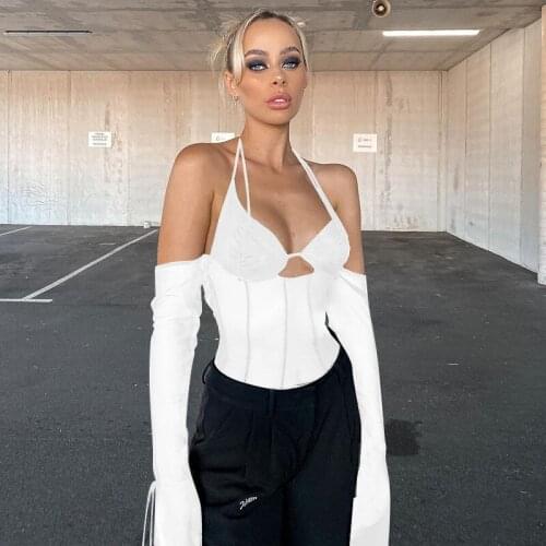 2021 Women Sexy Mesh Patchwork Sheer Blouses Tops Halter Neck Open Back Flared Sleeve Bandage Shirts Tops