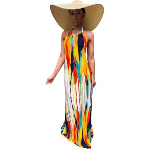 Colorful Print Graffiti Halter Sleeveless Fashion Personality Loose Women Long Dresses Beach Dresses Big Size Dress