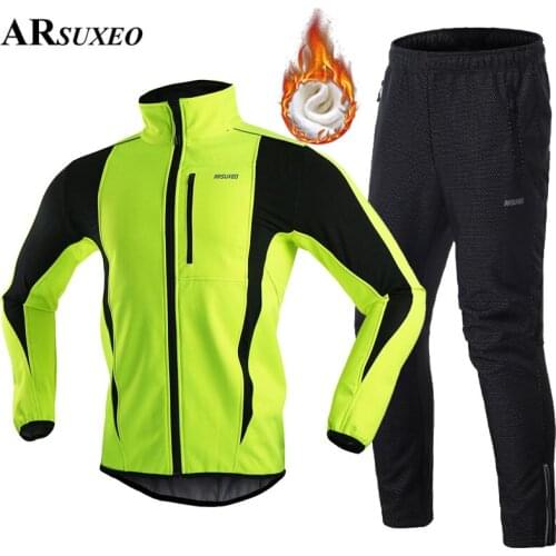 ARSUXEO Winter Thermal Fleece Cycling Jacket Set Warm Up Bicycle Clothing Windproof Waterproof Soft Shell Coat MTB Bike Jersey