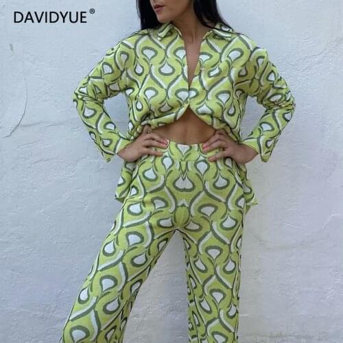 Summer blouses women pants two piece set korean fashion oversized blouse long sleeve collared shirt wide leg pants sets green