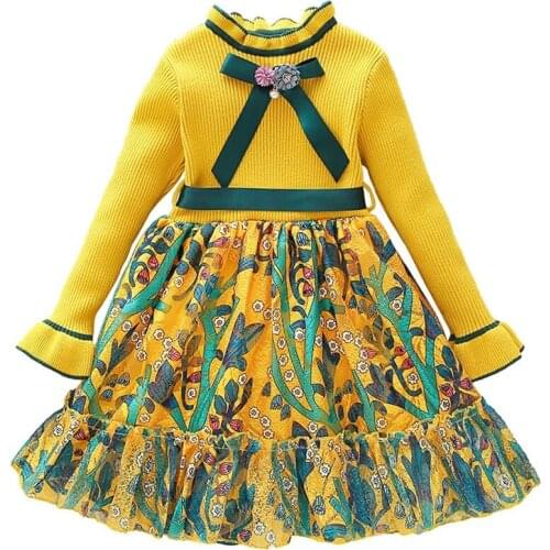 Spring Autumn Girls Long Sleeve Knitted Sweater Dresses Baby Girl Floral Princess Party Dress For Kids Clothes Children Costumes