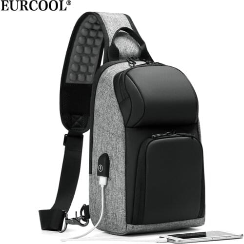 EURCOOL Casual Chest Bag for Men 9.7 inch iPad Messenger Bags with USB Charging Port Shoulder Bag Male n1905