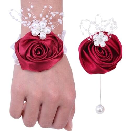 European And American Hot SaleWine Red Bride Bridesmaid Wrist Corsage Groom Suit Lapel Pin Handmade Wedding Supplies XH038