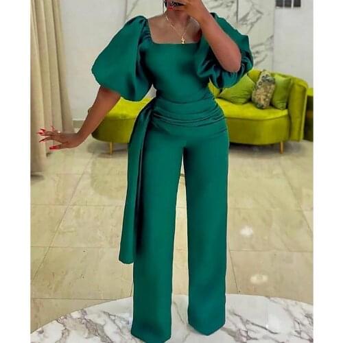 Summer High Waist Green Work Jumpsuit Women Rompers Short Sleeve Elegant Office One Piece Outfit Solid Color Long Pants Overalls