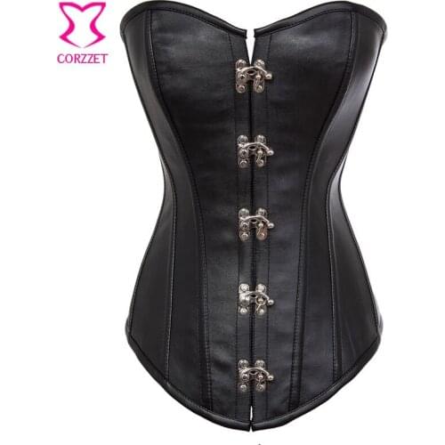 Plus Size Black Leather Steel Boned Waist Trainer Corset Overbust Bustier Steampunk Costuming Gothic Sexy Korsett For Women 6XL
