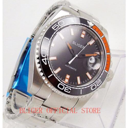 Military Style BLIGER Mens Watch 43mm Stainless Steel Bracelet Ceramic Bezel Sapphire Crystal Auto Date