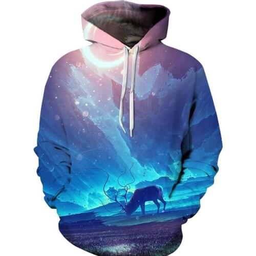 S-XXXL Autumn winter Men/Women Hooded Hoodies Print Hoodies Blue Long Harn Deer Galaxy 3d Sweatshirs with hat Unisex Pullovers