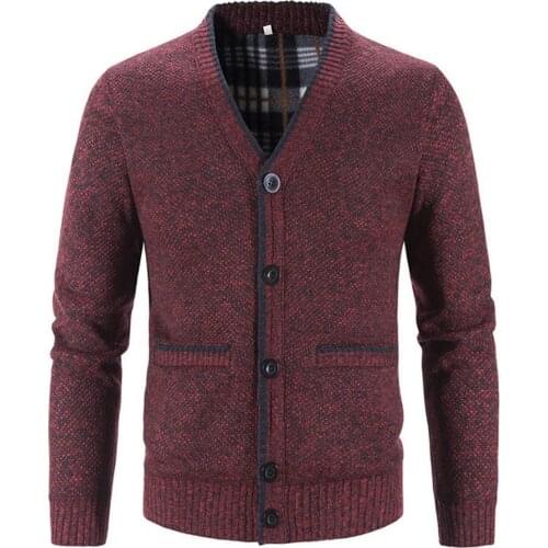 Men Knitted Coat Solid Color V Neck Autumn Winter Thicken Plush Warm Cardigan Sweater for Daily Wear