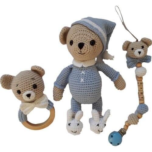 Amigurimi Baby Set Little Bear Rattle Teether Pacifier Holder Fashion Healthy Safe Stuffed Toy Gift Stylish Kalitel