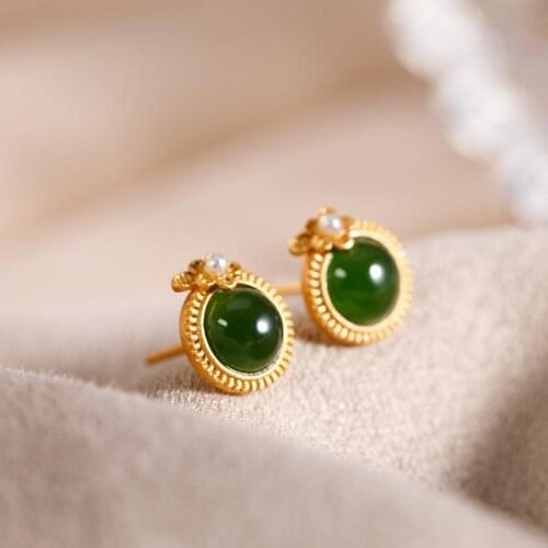 Original Creative S925 Sterling Silver Natural Hetian Jade Green Jade Ladies Stud Earrings Personality Plum Simple Temperament S