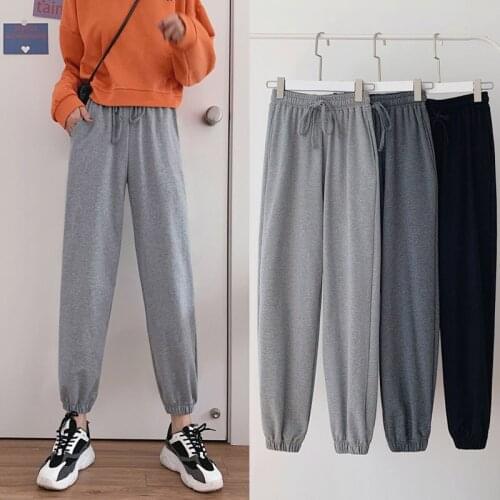 Autumn Elastic Waist Womens Harem Pants Drawstring Loose Casual Sports Pants High Waist 2020 Cotton Solid Color Womens Pants