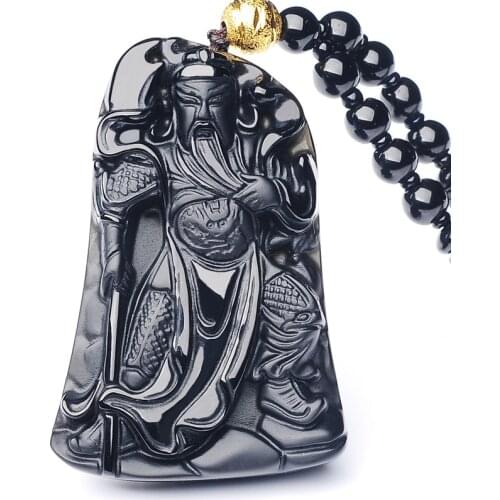 Natural Black Obsidian Guangong Pendant Beads Necklace Fashion Charm Jewellery Carved Amulet Gifts for Women Men