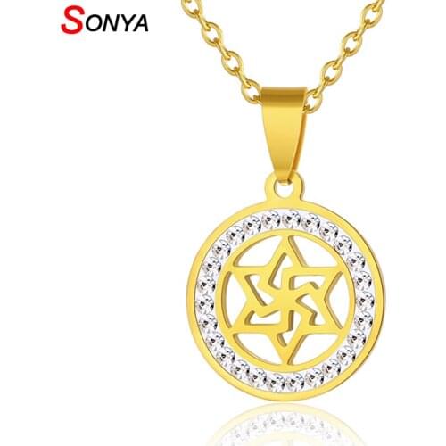 SONYA Stainless Steel Magen Star Of David Necklace Jewelry Gold/Silver Color Cubic Zirconia Crystal Israel Jewish Necklace