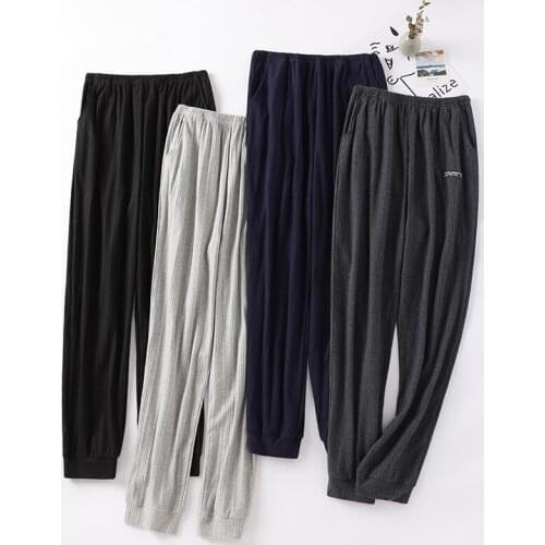 Boy Man Sleep Bottoms L-5XL Solid Striped Pajamas Long Pants Trousers Oblique Pocket Jammies Elastic Waist Pyjamas 6535 Cotton