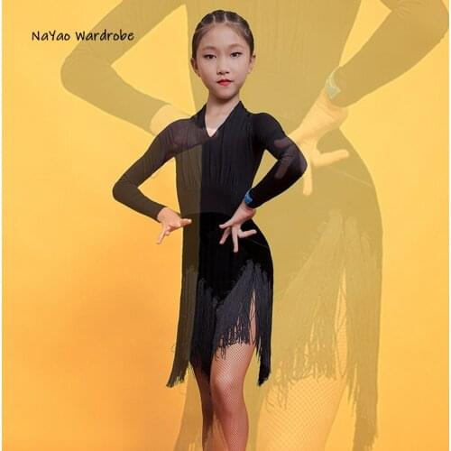 2021 New G3281 Kids Latin Dance Dress Long Sleeve Tassel and Wrinkle Design Girl Latin Dancing Cloth Stage Ballroom Dancewear