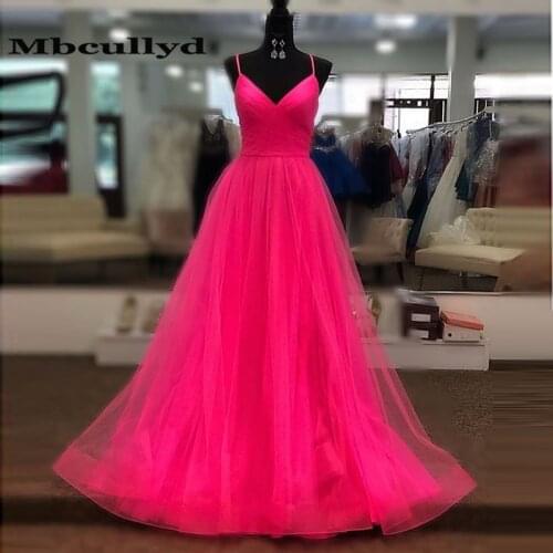 Mbcullyd Stylish Fuchsia Tulle Prom Dress 2020 Sexy Spaghetti Strap A Line Forma Long Evening Gown Dresses Newest Robe De Soiree