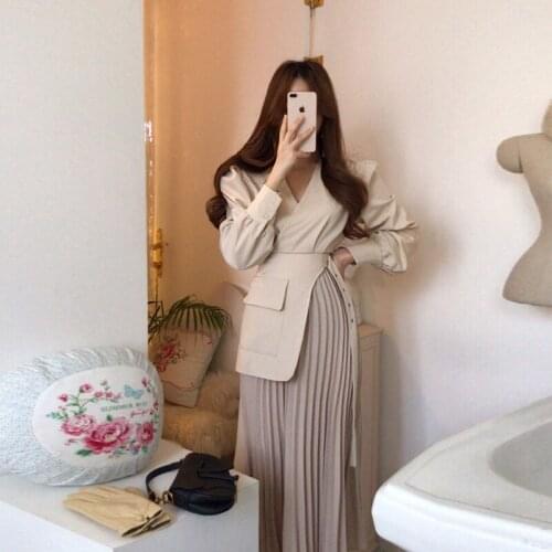 Summer Women Autumn Long Sleeve Fashion V-Neck Pleated Midi Dress Chic Elegant Ladies Patchwork Belt Business Casual Dress