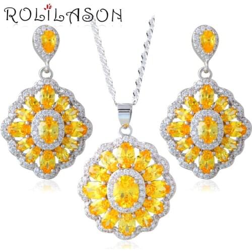 ROLILASON White zircon Yellow Spar Jewelry Sets For Women stamped Earring/Ring/Necklace JS654