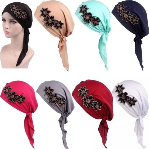 New Women Hijab Cap Stretch Muslim Turban Chemo Beanie Hair Loss Head Wrap Cancer Hat Flower Casual Cap Islamic Skullies Fashion
