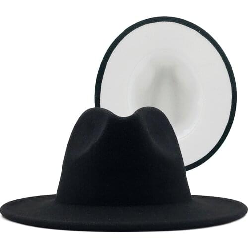Black white Patchwork Women Unisex Panama Wool Felt Fedora Hats Ladies Wide Brim Party Trilby Cowboy Hat Fashion Jazz Cap