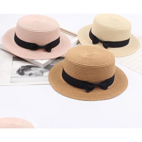 2020 New Fashion Women Straw Hat Summer Travelling Sun Hats Lady Casual Beach Vacation Flat Brim Bowknot Solid Visor Sun Hats