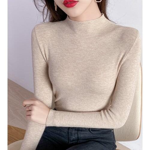 Half Turtleneck Sweater Top Women Solid Color Skinny Slim Bottoming Knitted Shirt Casual Long Sleeve Spring Autumn Pullover