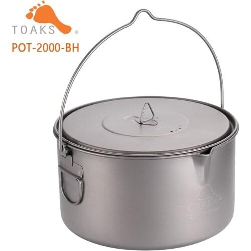 TOAKS Titanium Pot Ultralight Outdoor Camping Hiking Backpacking Hanging Tableware With Bail Handle 2000ml 9.1oz POT-2000-BH
