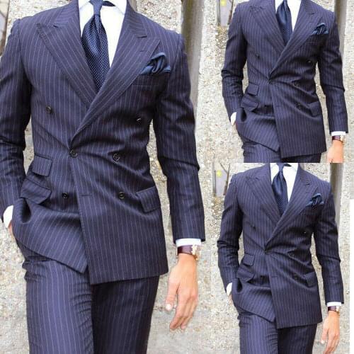 YIWUMENSA Spring Latest Coat With Pants Navy Blue Striped Slim Fit Men Suits Double Brested Formal Business Work Wear Tuxedos