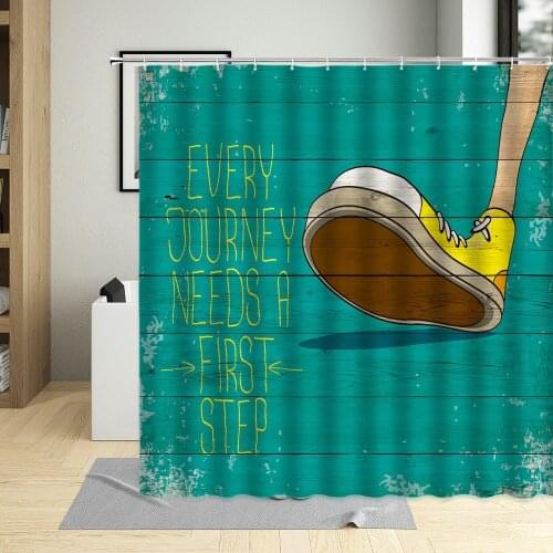 Cartoons Blue Background Shower Curtain Wood Grain Funny Unique Foot English Alphabet Waterproof Bathroom Curtains With Hooks