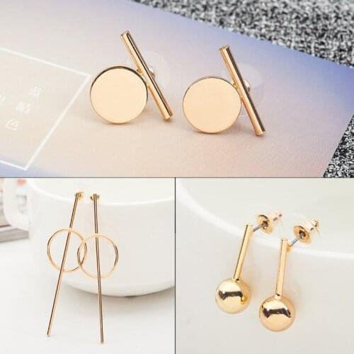 Geometric Elements Collocation Circle Stick Ball Golden Silver Plated Stud Earrings for Women