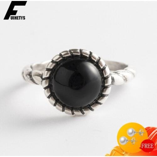 BaliJelry Retro 925 Sterling Silver Ring Jewelry for Women Round Obsidian Gemstone Open Rings Wedding Gift Wholesale Accessory