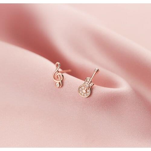 100% Real 925 Sterling Silver Cute Zircon Guitar Treble Clef Stud Earrings Music Note Earring for Women Girls Music Lovers E0555