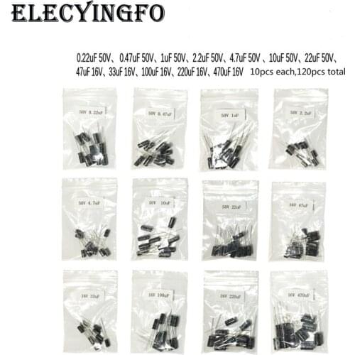 12 values x10pcs 0.22uF-470uF Commonly used electrolytic capacitors kit 16V/50V 0.22/0.47/1/2.2/4.7/10/22/47/33/100/220/470 uF
