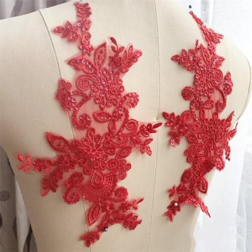 2Pieces Off White Red Pure White Lace Applique Embroidered Lace Appliques Lace Trim For DIY Wedding Dress