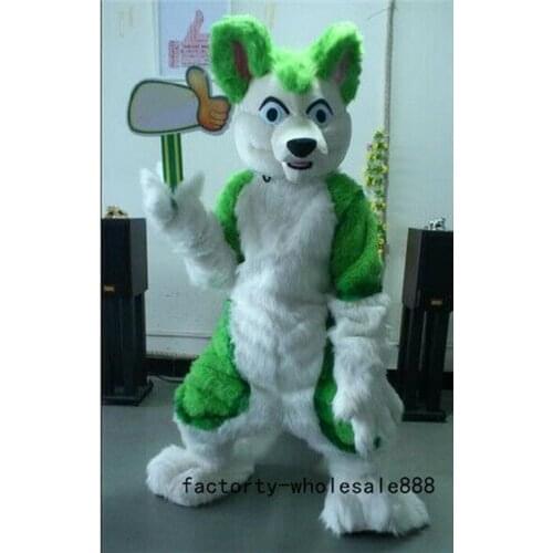 2019 Halloween Long Fur Fox Green Husky Dog Mascot Costume Suit Cosplay Adults Dress Apparel Cartoon Character Birthday Clothes