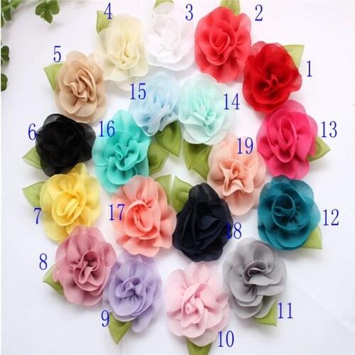 6CM Polyester Chiffon Flower 35pcs/lot Boutique DIY Craft Garment Chiffon rose with leaves Hair Accessories