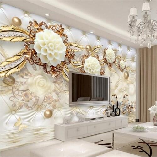 Beibehang Nach Foto Tapete 3D Fresko Wand papier Aufkleber 3d Luxus Gold Weiß Blume Weiche Tasche Globe Schmuck TV Hintergrund