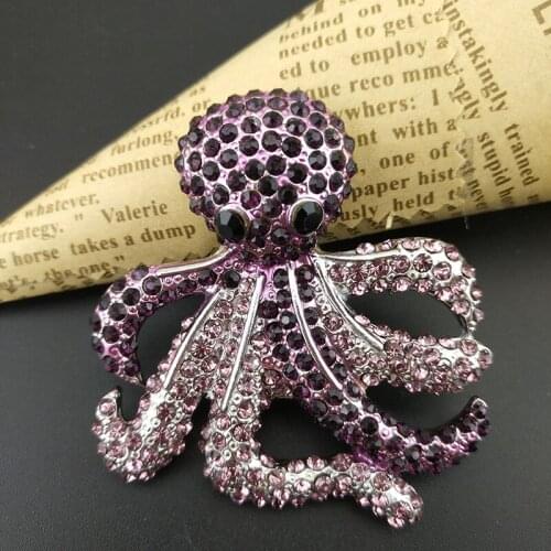 100pcs/ 50mm Octopus Brooch Pin Silver Tone Purple Rhinestone Crystal Beach Octopu Animal Brooches Pins