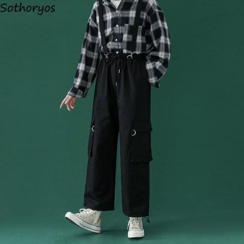 Cargo Casual Pants Women Overalls Large Size S-3XL Couples Solid Black Techwear Straight Side Pockets Drawstring Baggy Unisex BF