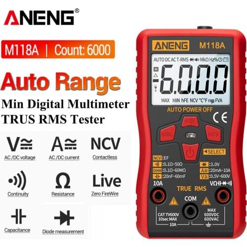 ANENG M118A Digital Mini Multimeter Tester Auto Mmultimetro True Rms Tranistor Meter with NCV Data Hold 6000counts Flashlight