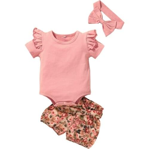 Floral Summer Baby Girls Sets Toddler Kids Romper + Shorts + Headband Cotton Childrens Clothes