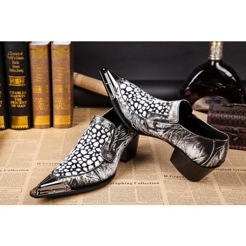 Italian Style Luxury Men Formal Shoes Metal Toe Party Dress High Heels Work Oxfords Black White Zapatos alligator shoes for men