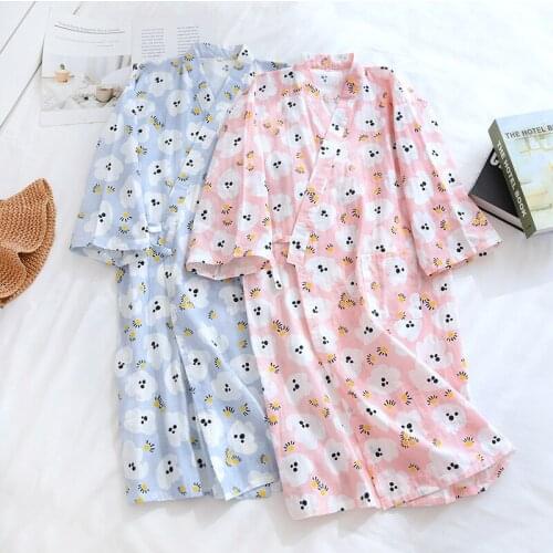 Japanese Kimono Bathrobe 2021 New Women Gauze Cotton Cartoon Dog Printed Robes Casual Loose Female Nightgown Sleepwear